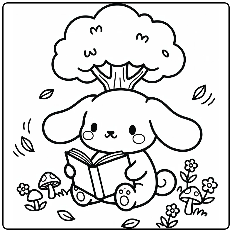 cinnamoroll kleurplaat: leest boek onder boompje met bloemen
