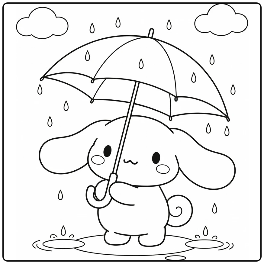 cinnamoroll kleurplaat met paraplu in lichte regen en plassen