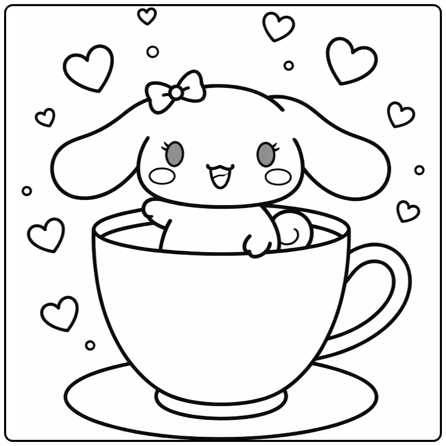 cinnamoroll kleurplaat cute in reusachtige theekop met harten
