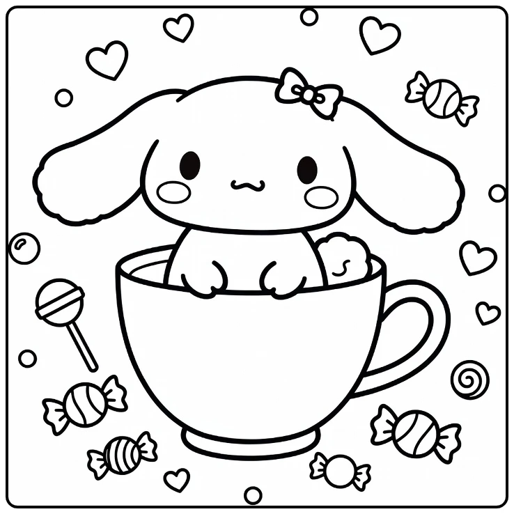 cinnamoroll kleurplaat cute Cinnamoroll in theekopje met snoep