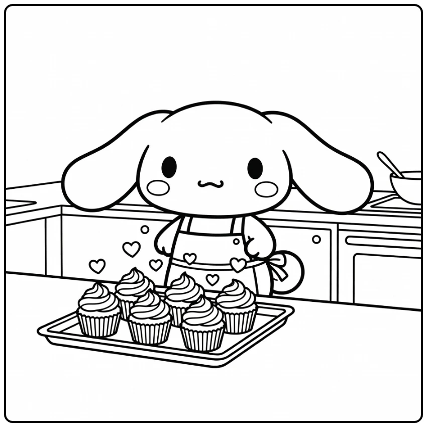 cinnamoroll kleurplaat cute bakt cupcakes met schortje in keuken
