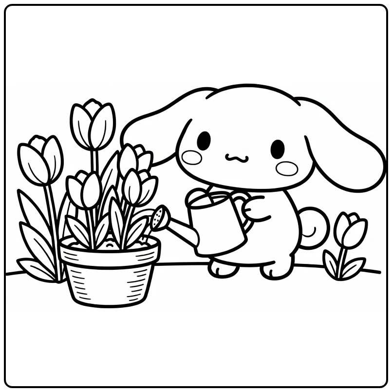 cinnamoroll kleurplaat cute begiet tulpen tuin