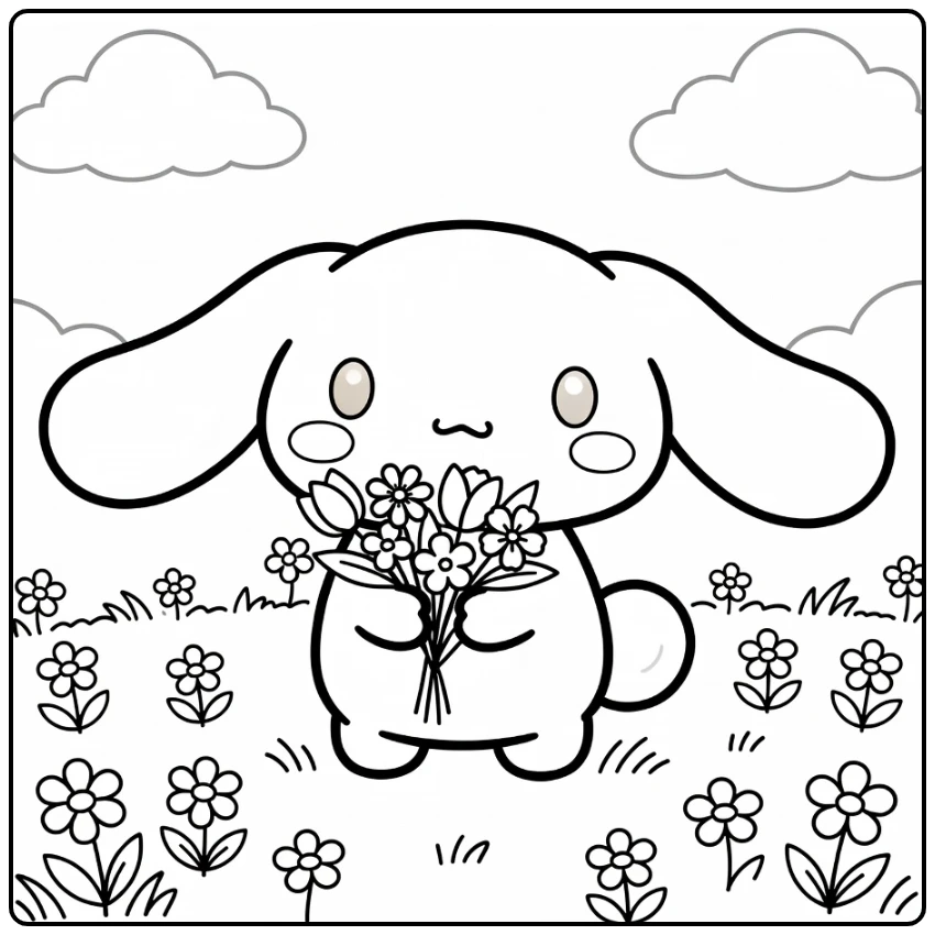 cinnamoroll kleurplaat cute met bloemenboeket in wei