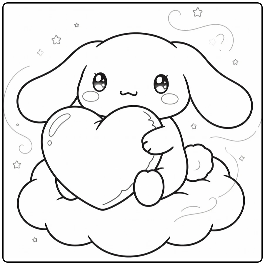 cinnamoroll kleurplaat cute: Cinnamoroll knuffelt hartkussen op wolk met sterren