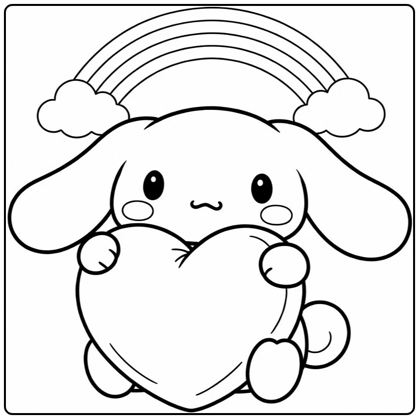 cinnamoroll kleurplaat cute knuffelt hartkussen onder regenboog