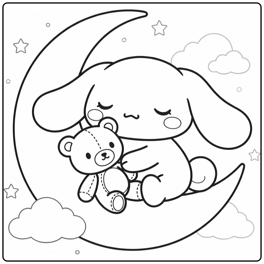 cinnamoroll kleurplaat cute: Cinnamoroll slaapt op maan met beer