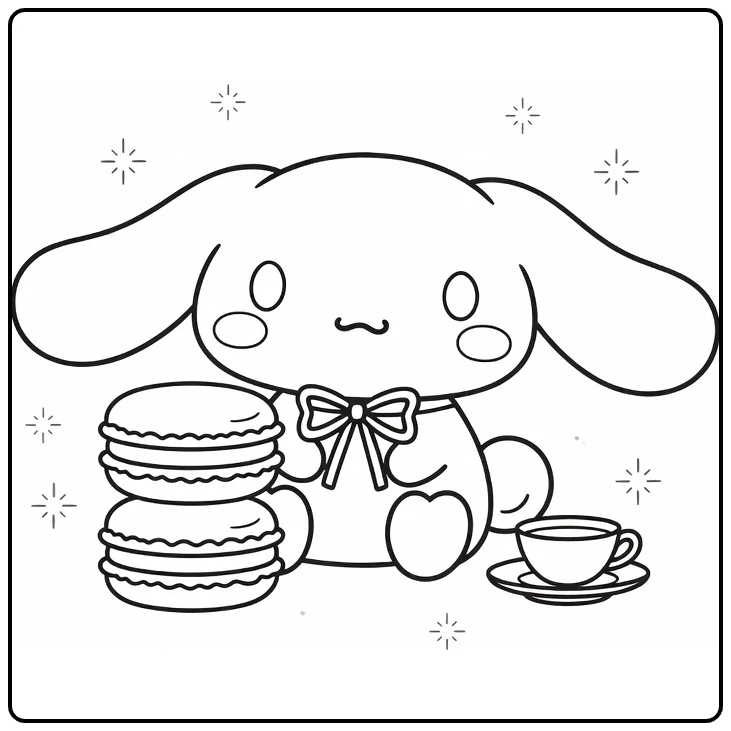 Cinnamoroll kleurplaat cute met strik bij macarons stapel