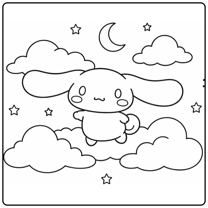 Cinnamoroll Kleurplaat: zwevend in dromerige hemel met wolken