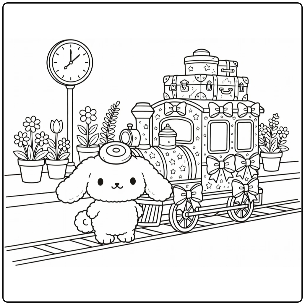 cinnamoroll kleurplaat moeilijk met treinwagon en station