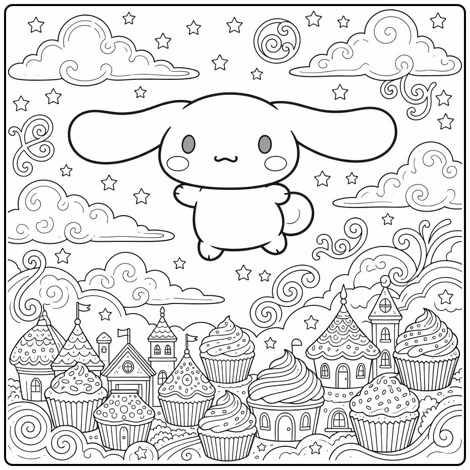 cinnamoroll kleurplaat moeilijk met vliegende Cinnamoroll