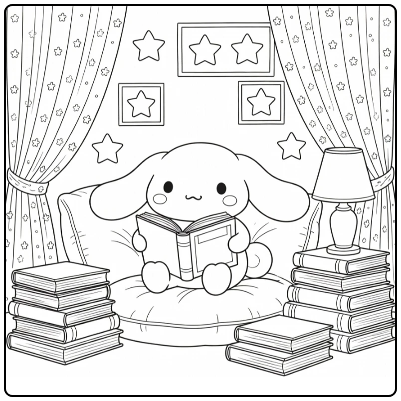 cinnamoroll kleurplaat moeilijk: Cinnamoroll in leesnook met boeken en lamp