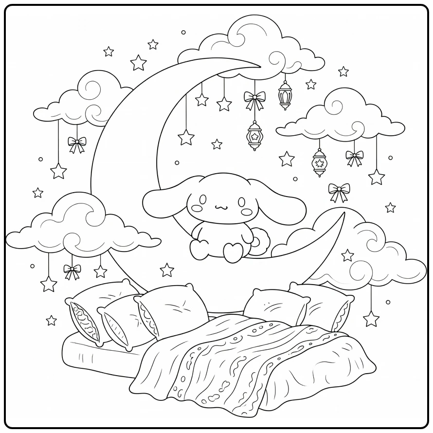 cinnamoroll kleurplaat moeilijk: op halve maan met wolken sterren