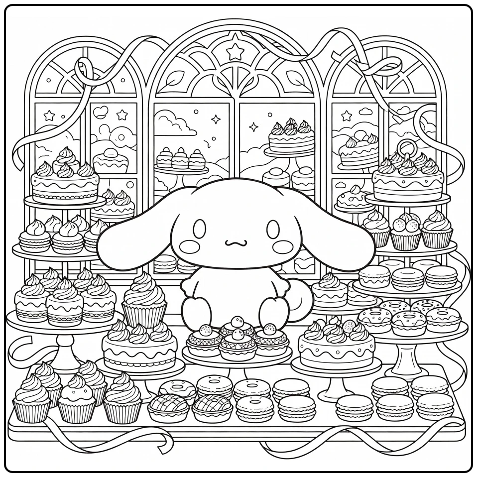 cinnamoroll kleurplaat moeilijk: bakkerij met gebak