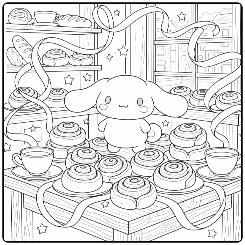 cinnamoroll kleurplaat moeilijk: Cinnamoroll op baktafel met rolletjes