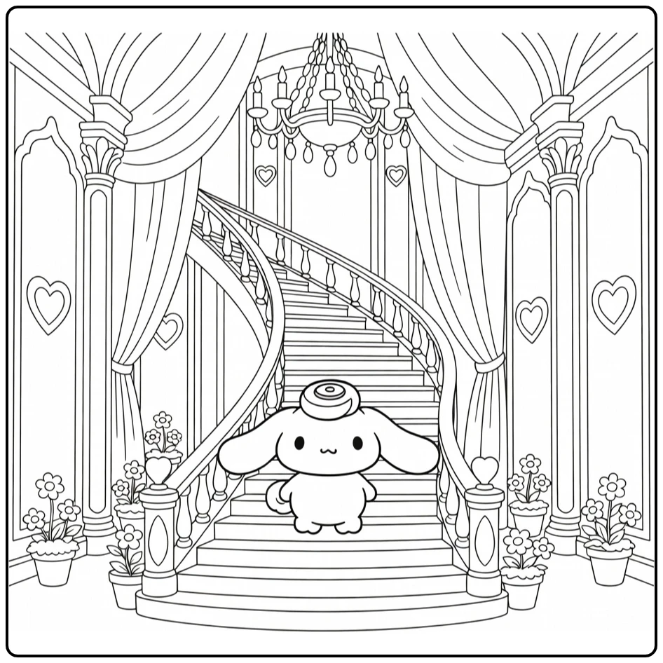 cinnamoroll kleurplaat moeilijk: Cinnamoroll op kasteeltrap