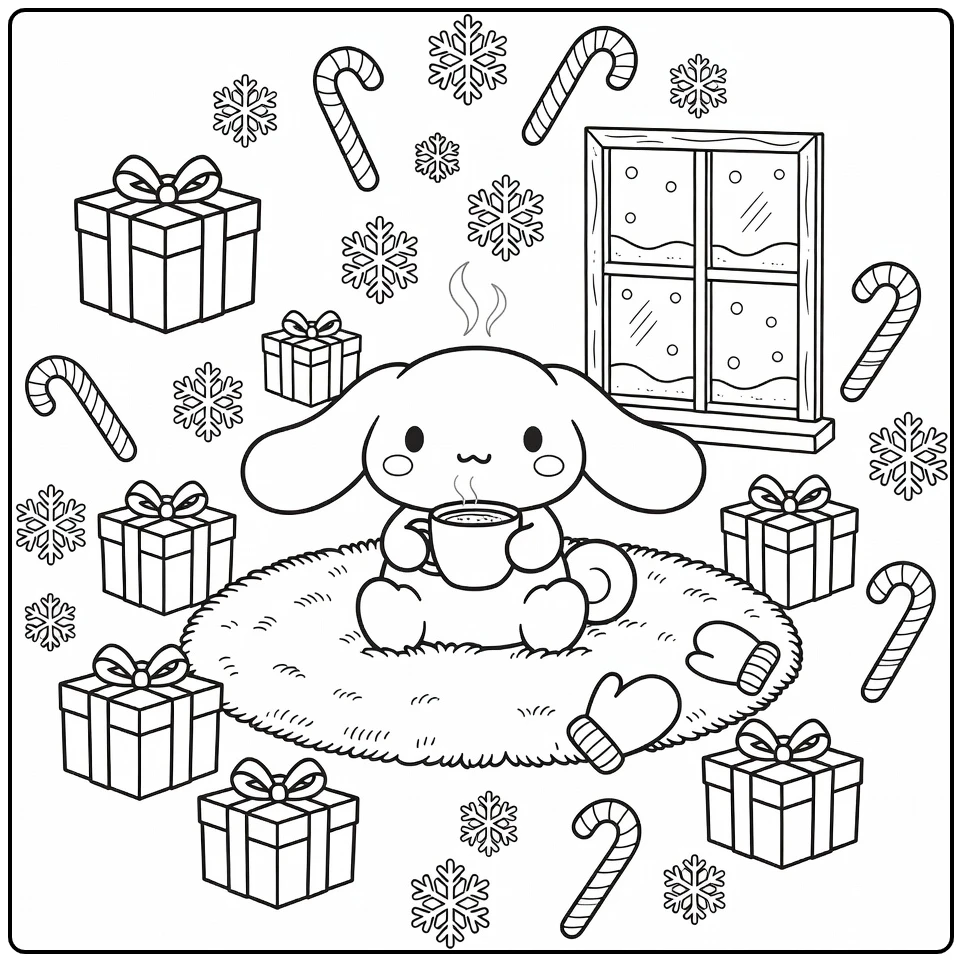 cinnamoroll kleurplaat moeilijk: Cinnamoroll met choco en sneeuw