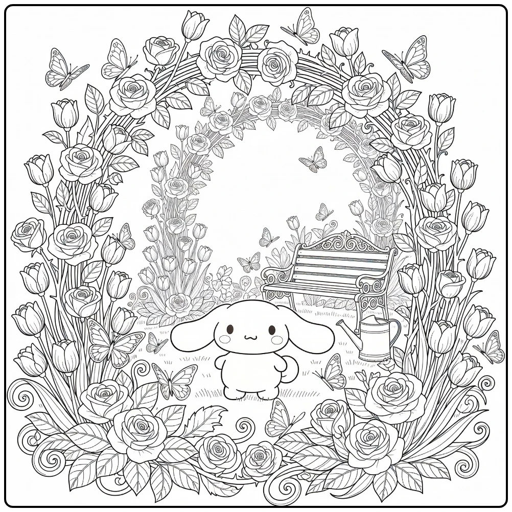 cinnamoroll kleurplaat moeilijk met rozen tulpen vlinders