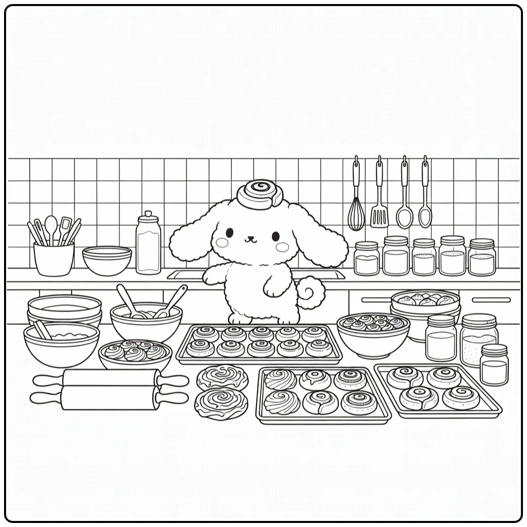 cinnamoroll kleurplaat moeilijk: Cinnamoroll bakt in keuken