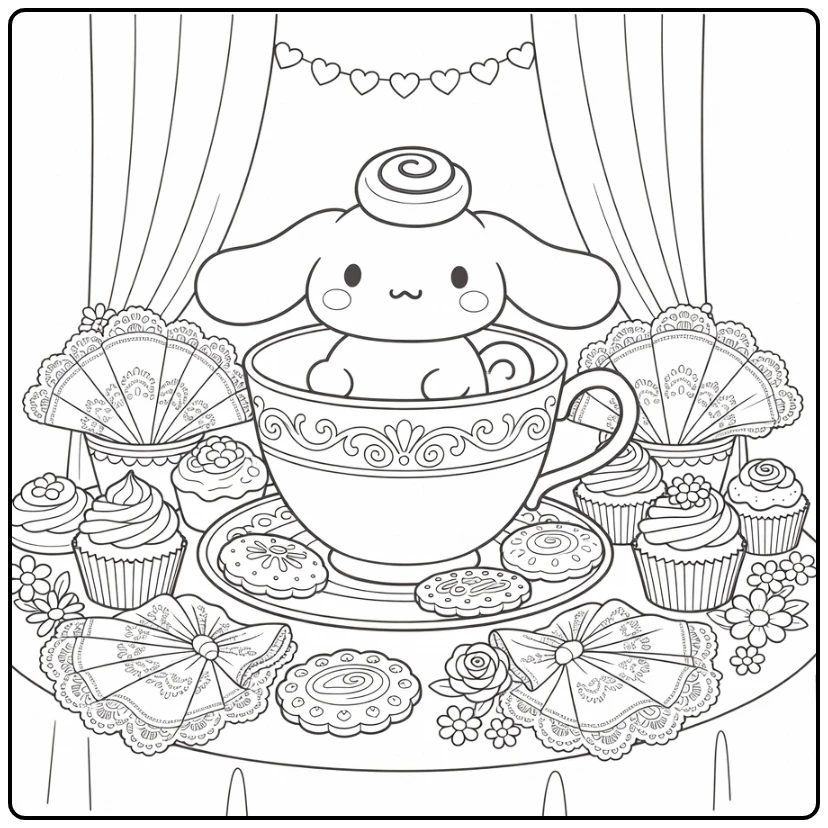 cinnamoroll kleurplaat moeilijk: Cinnamoroll in theekop op theefeest
