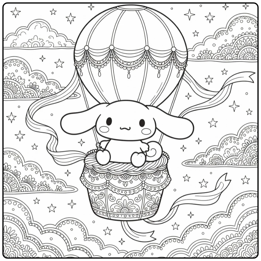 cinnamoroll kleurplaat moeilijk: Cinnamoroll in dessertballon