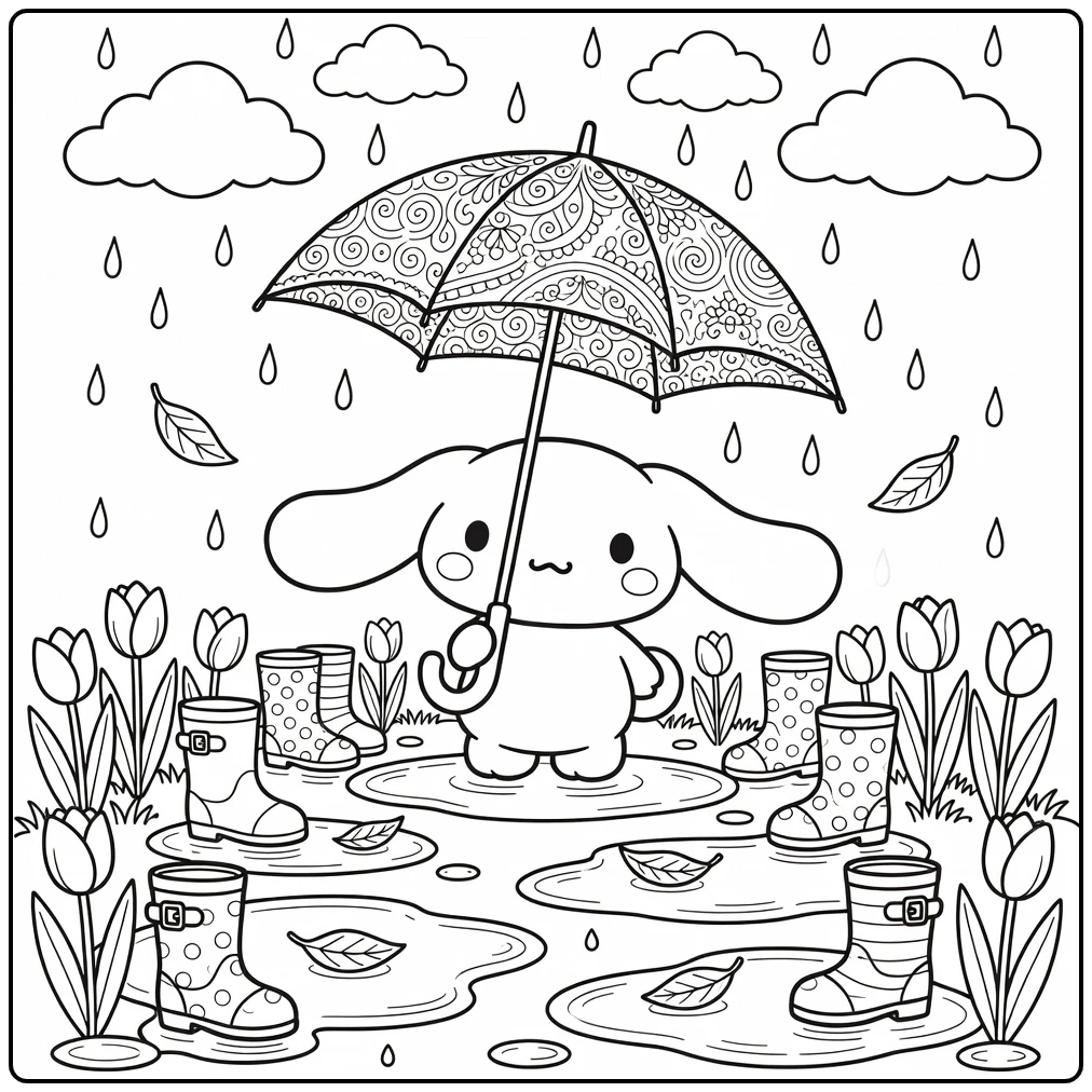 cinnamoroll kleurplaat moeilijk met paraplu in regen
