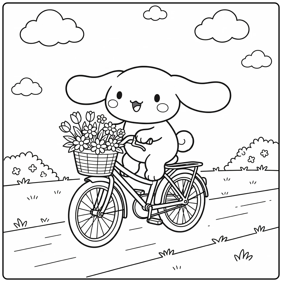 Cinnamoroll kleurplaat: fietst met bloemenmand langs pad