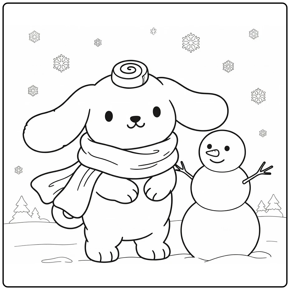 cinnamoroll kleurplaat met knusse sjaal en sneeuwman