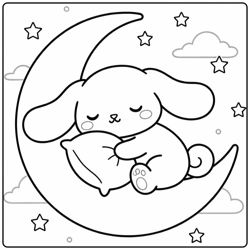 Cinnamoroll kleurplaat: slapend op halve maan met sterren