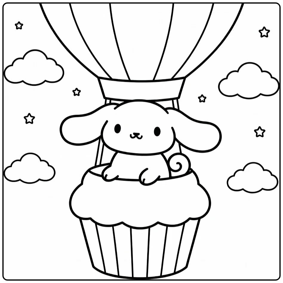 cinnamoroll kleurplaat: Cinnamoroll in cupcake-ballon met wolken