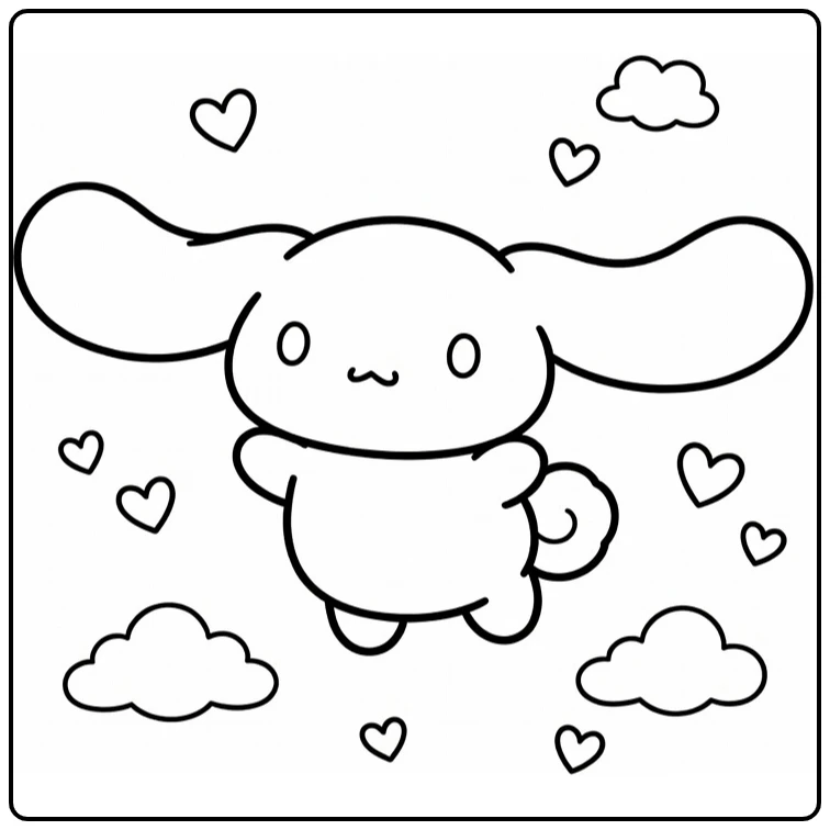 Cinnamoroll kleurplaat vliegend met wijd oren, hartjes, wolken