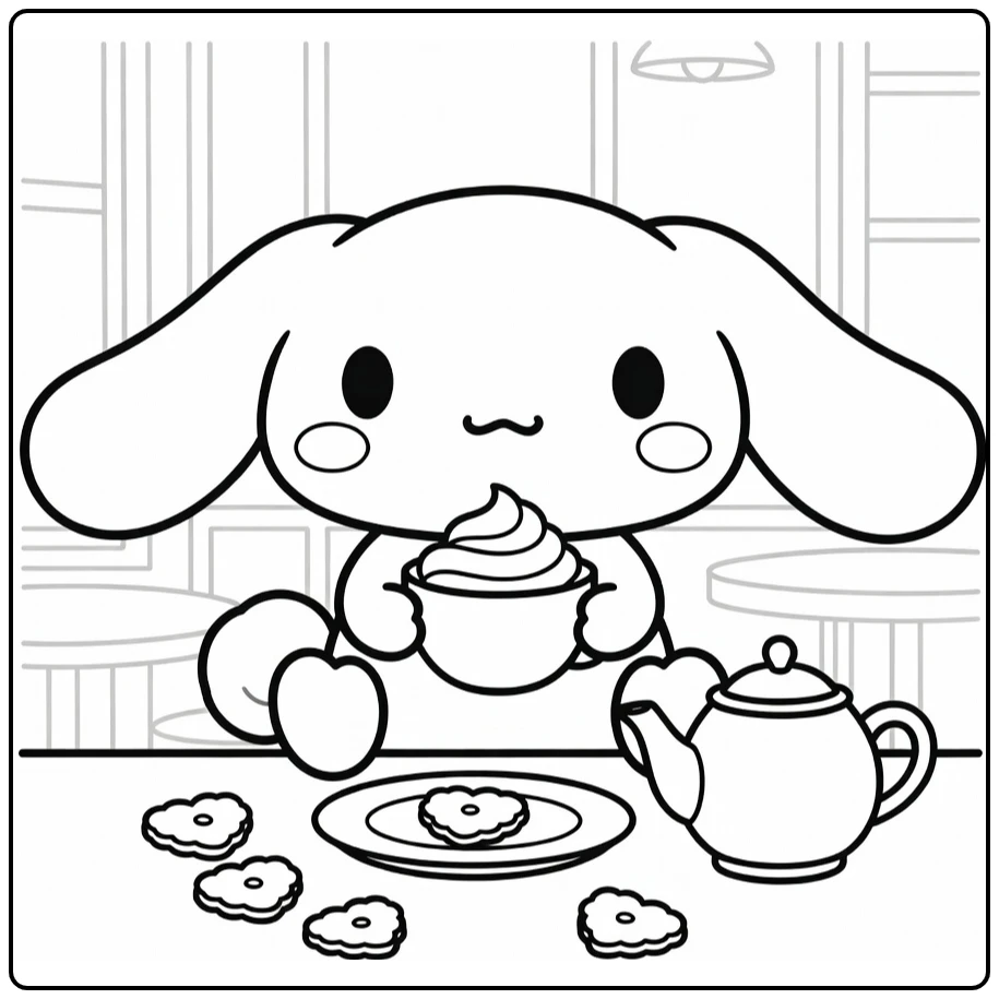 Cinnamoroll Kleurplaat in café met slagroomkopje en koekjes