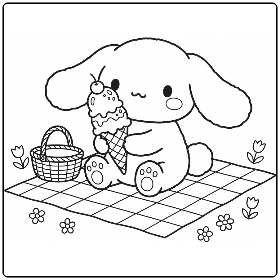 cinnamoroll kleurplaat met ijshoorntje op picknickkleed