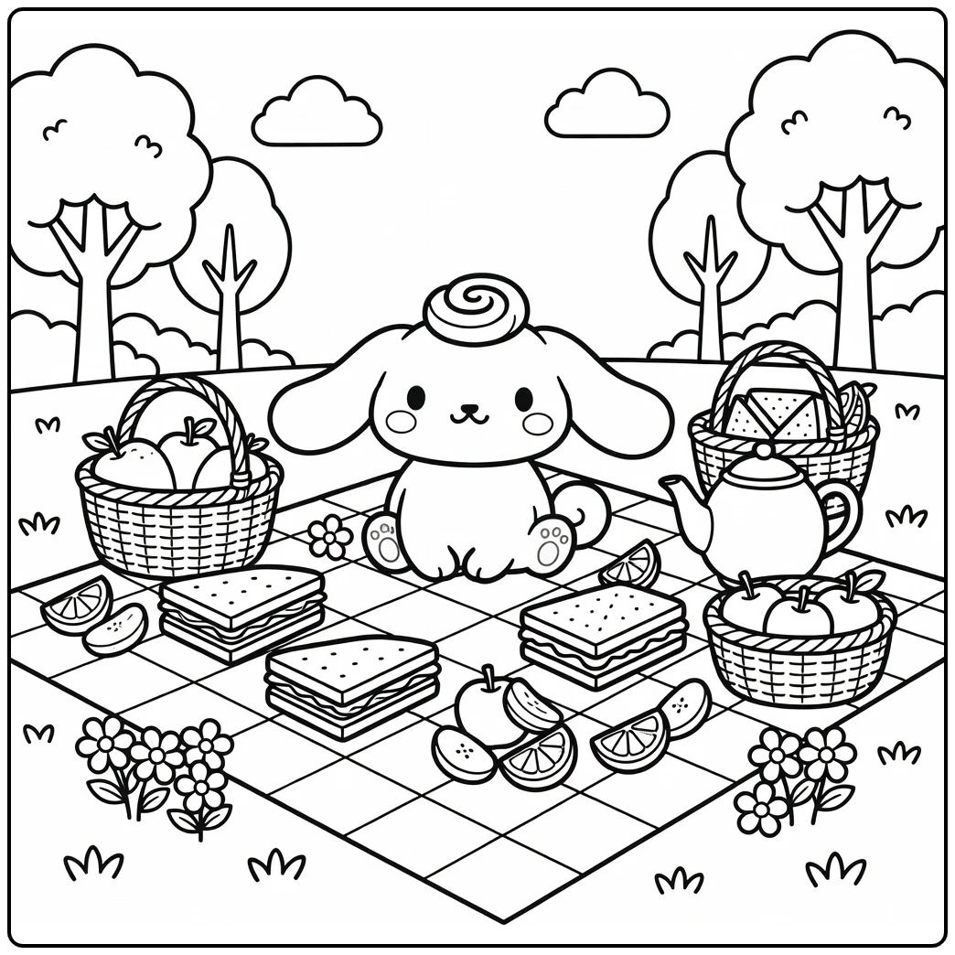 cinnamoroll kleurplaat moeilijk: vrolijke picknick met fruit en bloemen
