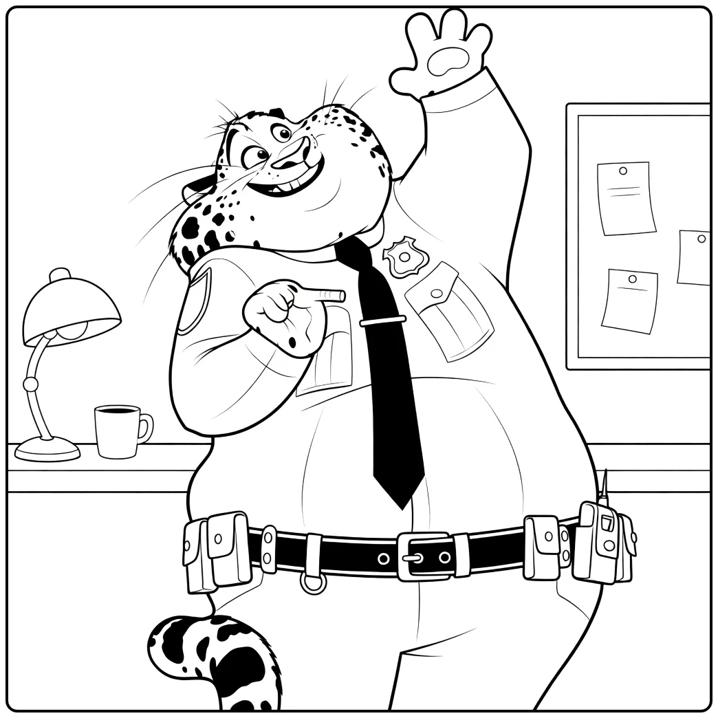 Clawhauser Kleurplaat: zwaaiende cheeta politieagent