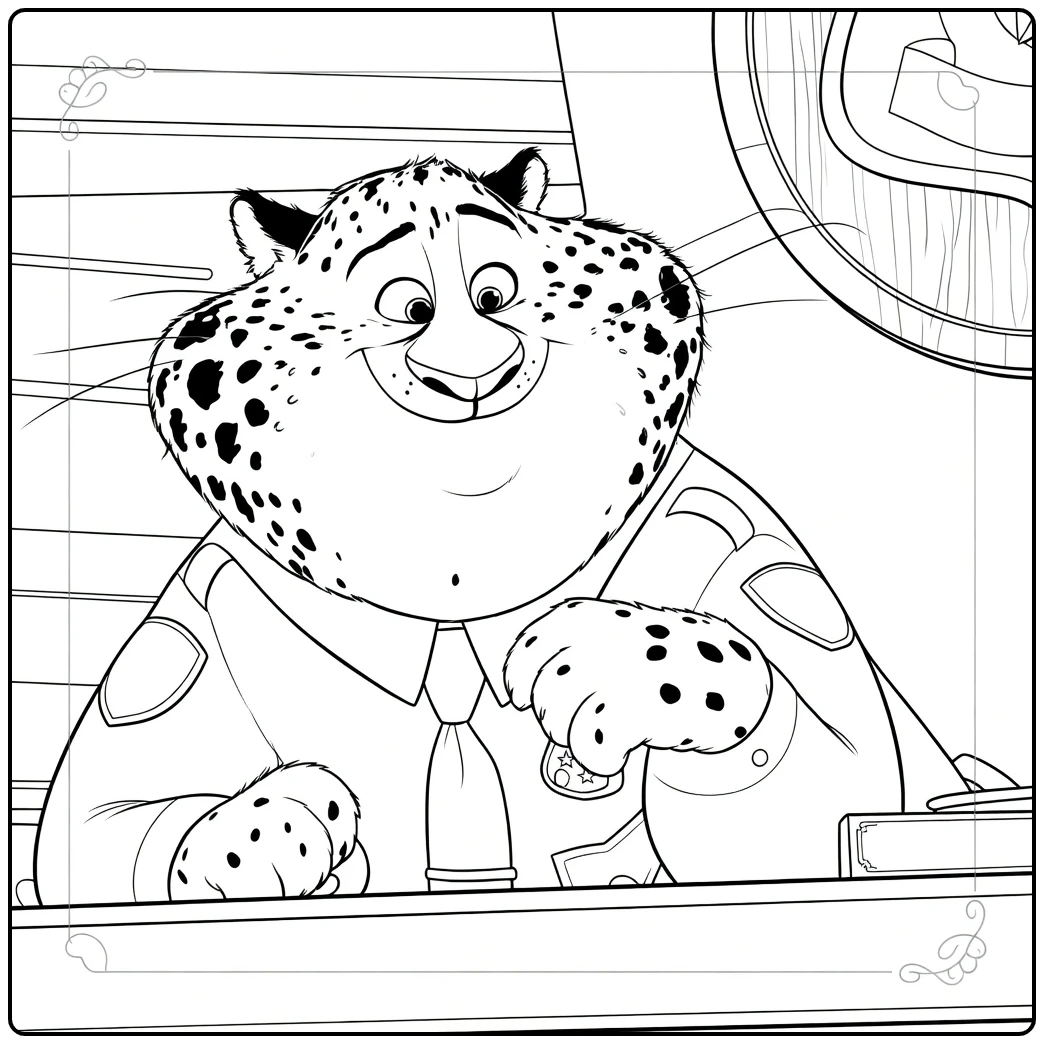 Clawhauser Kleurplaat: cheeta agent aan bureau met donut