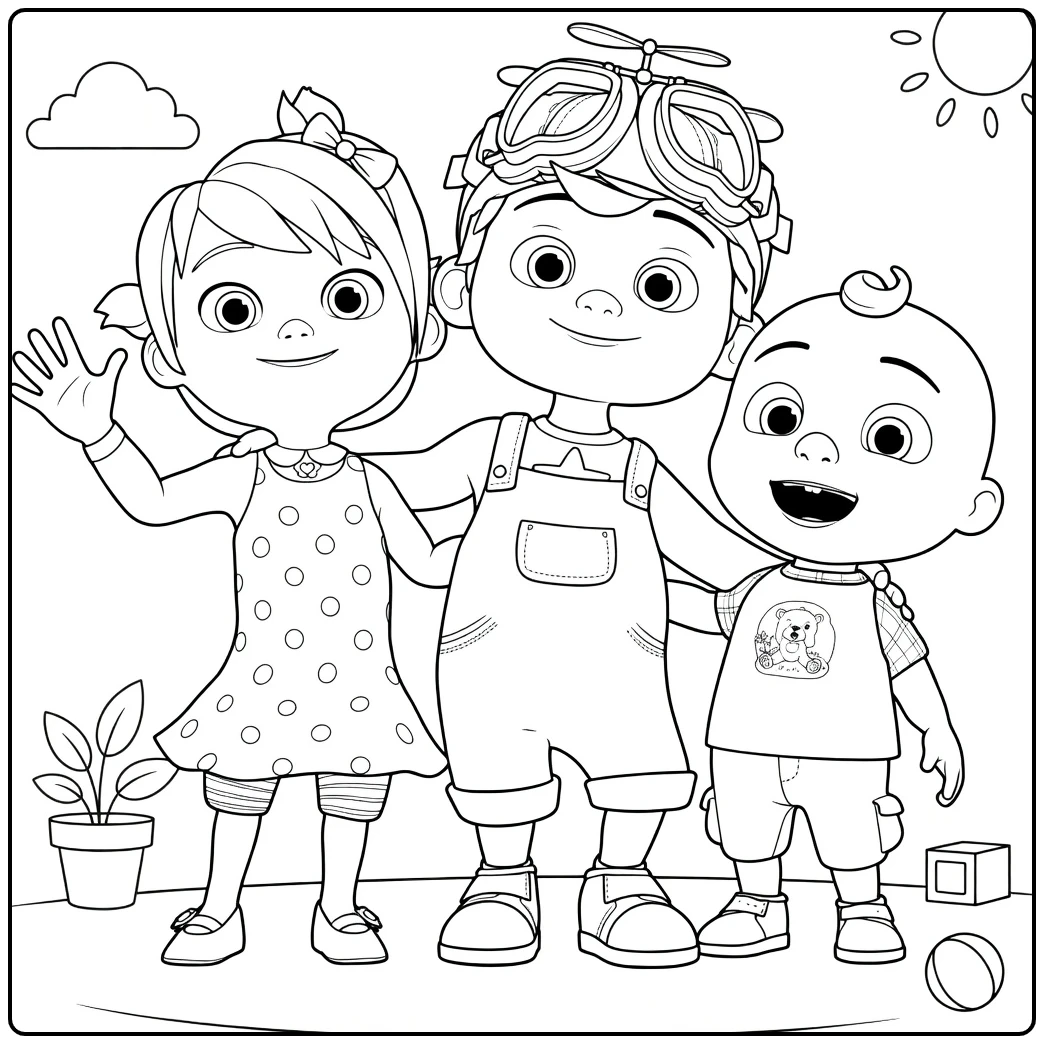 Cocomelon kleurplaat: drie kids gearmd lachend zwaaiend