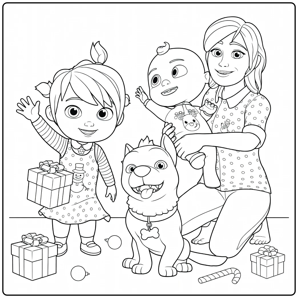 Cocomelon kleurplaat: mama met baby, meisje met cadeau, blije hond