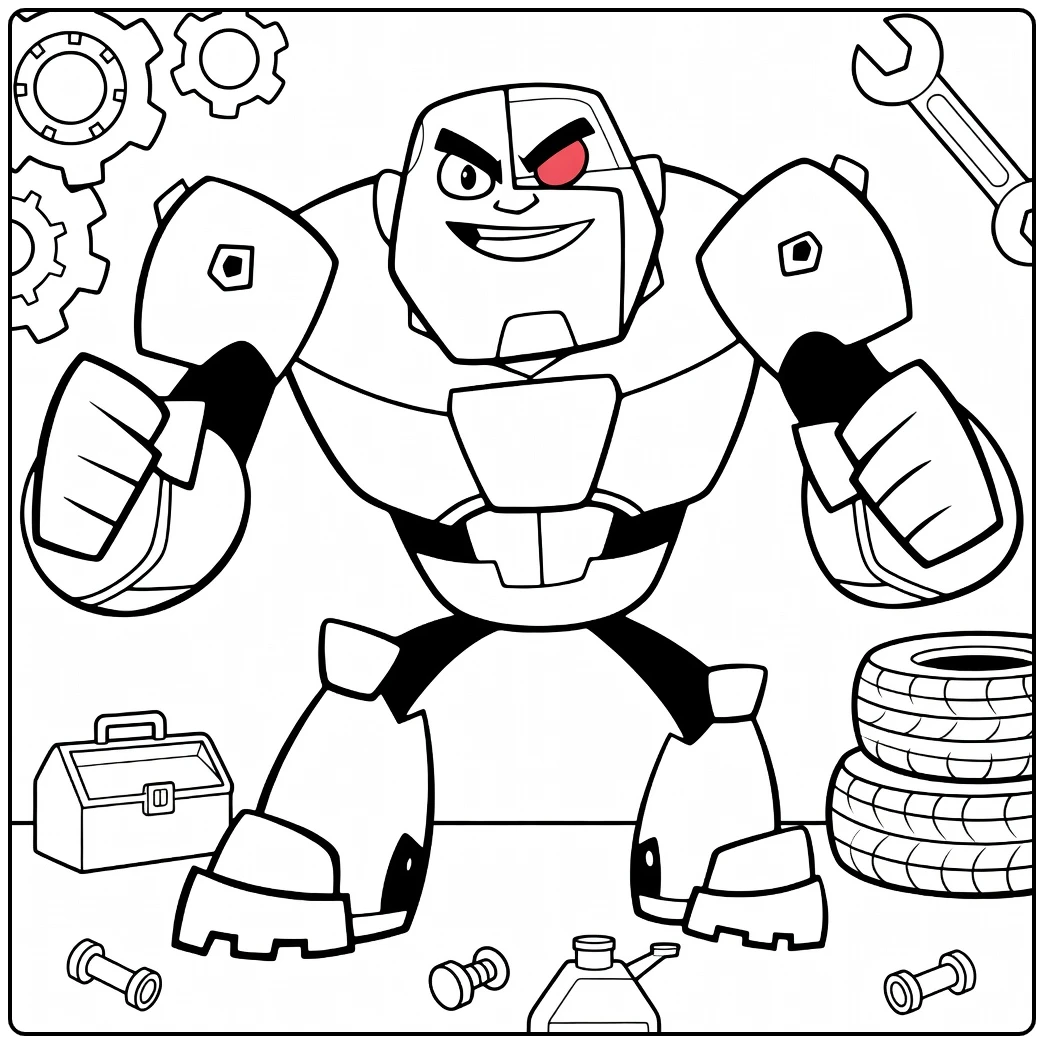 Cyborg Kleurplaat: stoere cyborg met tandwielen