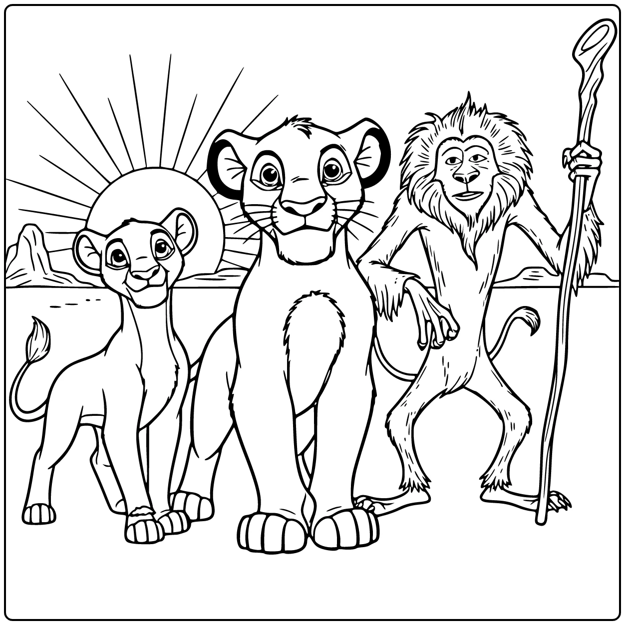 Kleurplaat leeuwenkoning: dappere Simba centraal met Nala