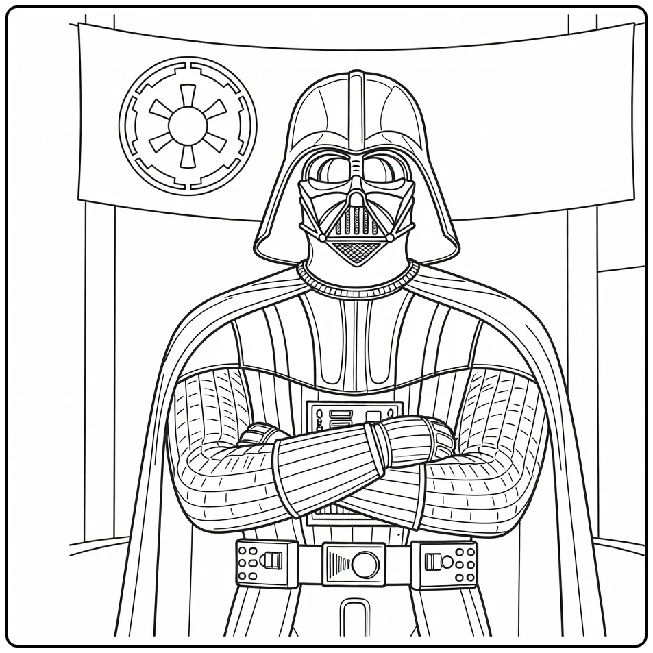 Darth Vader kleurplaat met gekruiste armen en imperiale banier