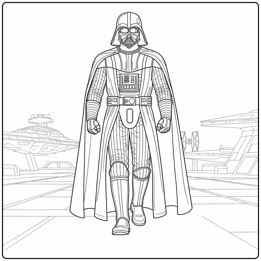 Darth Vader Kleurplaat: loopt bevelend door hangar