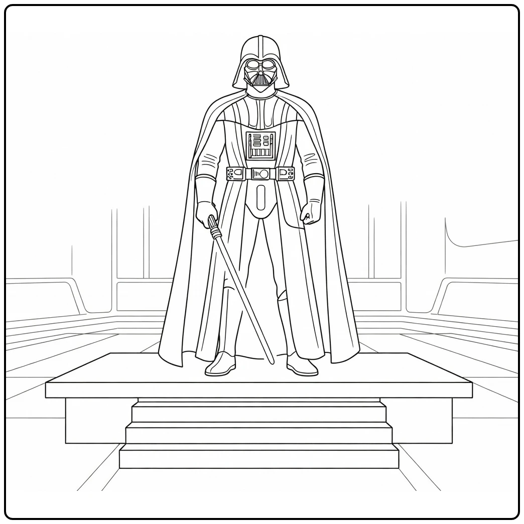 Darth Vader kleurplaat heroïsch op platform met lichtzwaard