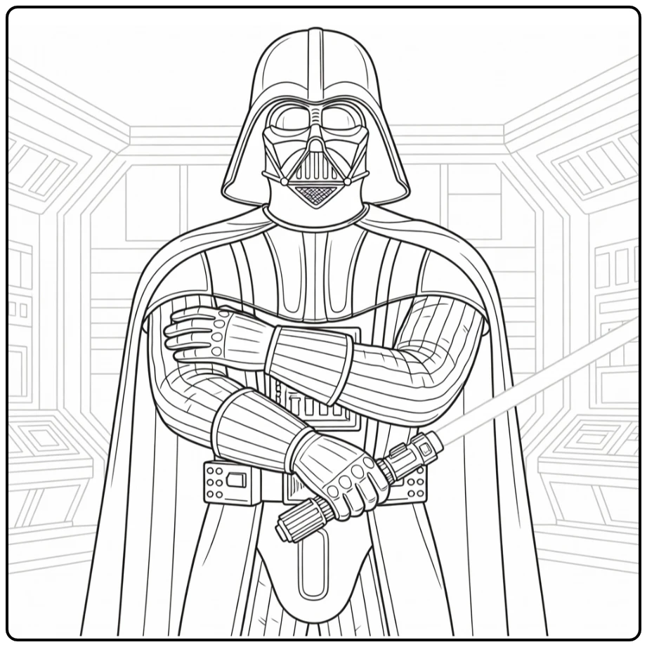 Darth Vader kleurplaat laag perspectief met lightsaber