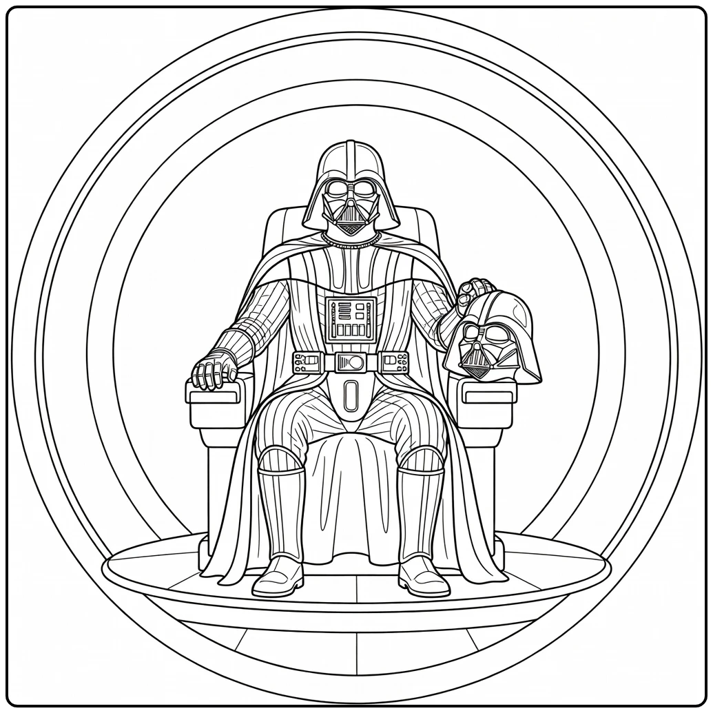 Darth Vader kleurplaat: zittend in meditatiekamer, helm open