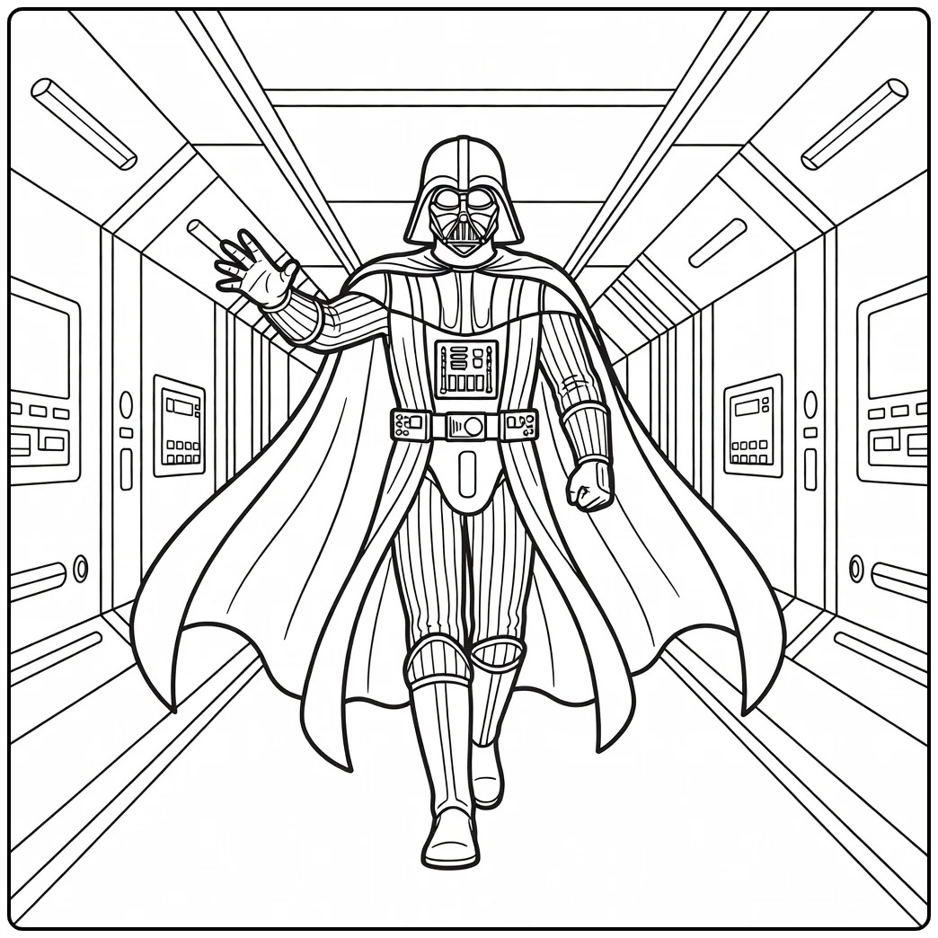 Darth Vader kleurplaat loopt door gang met Kracht