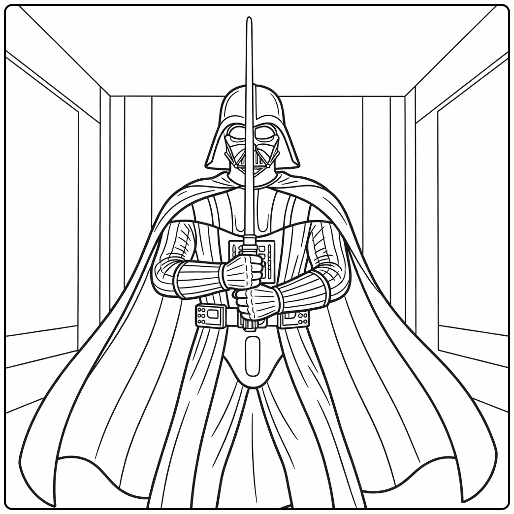 Darth Vader kleurplaat krachtige pose lichtzwaard cape