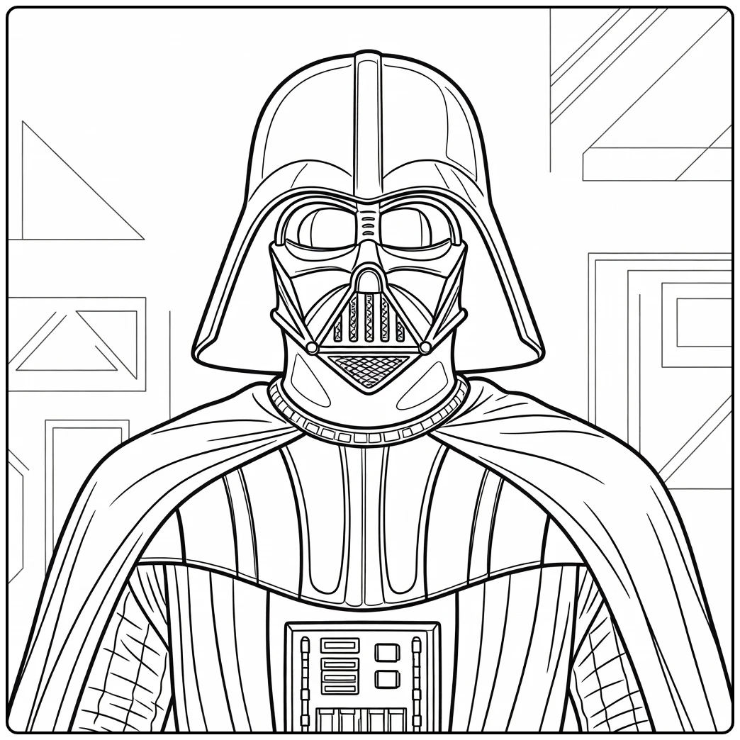 Darth Vader kleurplaat: helm, borstpaneel, cape close-up