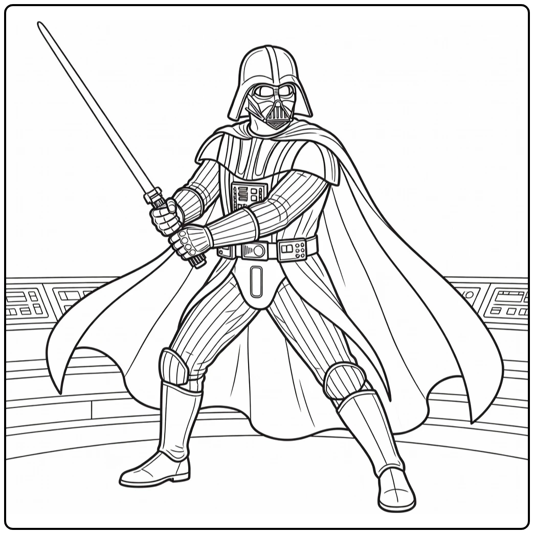 Darth Vader Kleurplaat in dramatische lightsaber houding