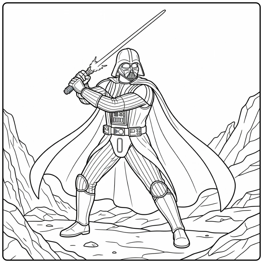 Darth Vader kleurplaat in dramatische strijdpose met lightsaber