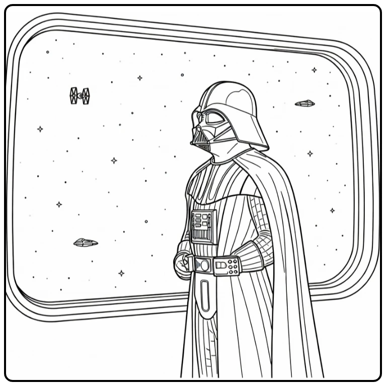 Darth Vader kleurplaat bij ruimteraam met sterren